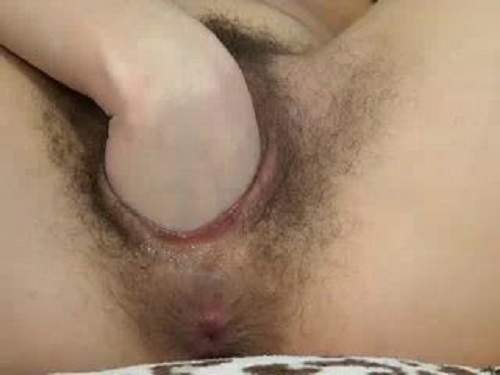 Amateur russian hairy diva fisting and colossal toy insertion pussy