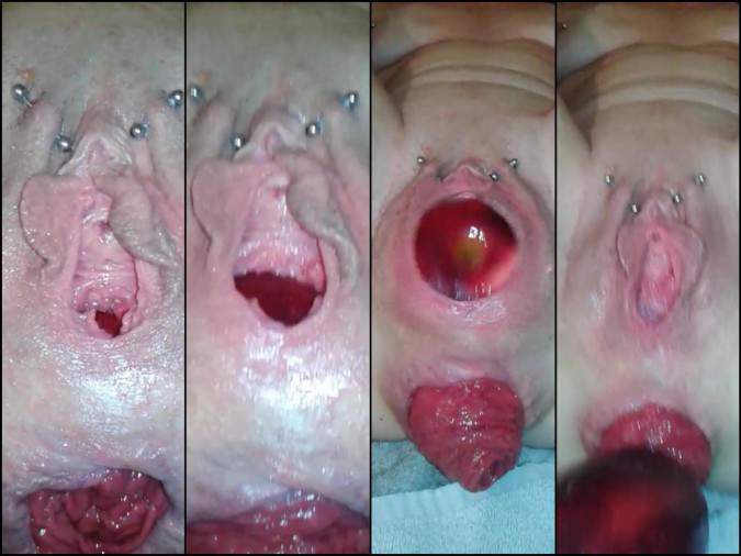 apple vaginal penetrated,big apple into smooth cunt,pierced labia close up,big ass prolapse,rectal prolapse very close