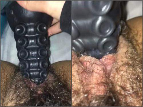 Black rubber tentacle dildo penetration in sweet hairy pussy very closeup