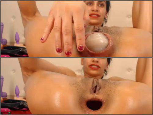 Dirty latina girl Sandrastarr double dildo insert in her epic anal gape