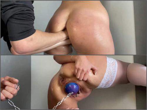 Girl with piercing labia gets double fisted and really giant ball in pussy