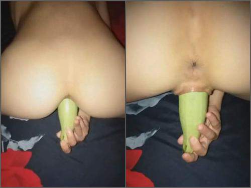Zucchini fully penetration in pussy my horny wife
