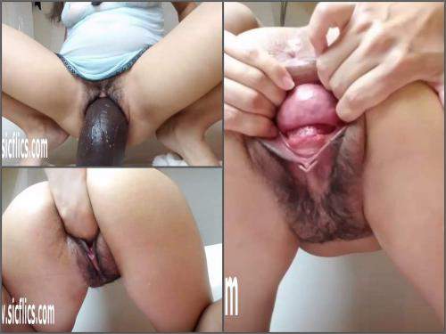 Amazing hairy pussy pornstar BBC dildo and fist penetration inside