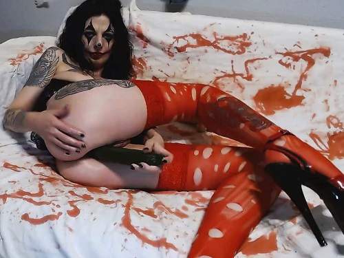Perverted evil clown penetration dildo and cucumber in asshole – unique Halloween porn