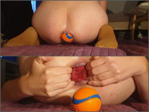 Pornstar homemade insertion giant orange ball fully in prolapse anal