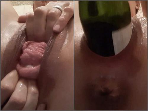 POV amateur close-up wine bottle deep penetration in pussy prolapse